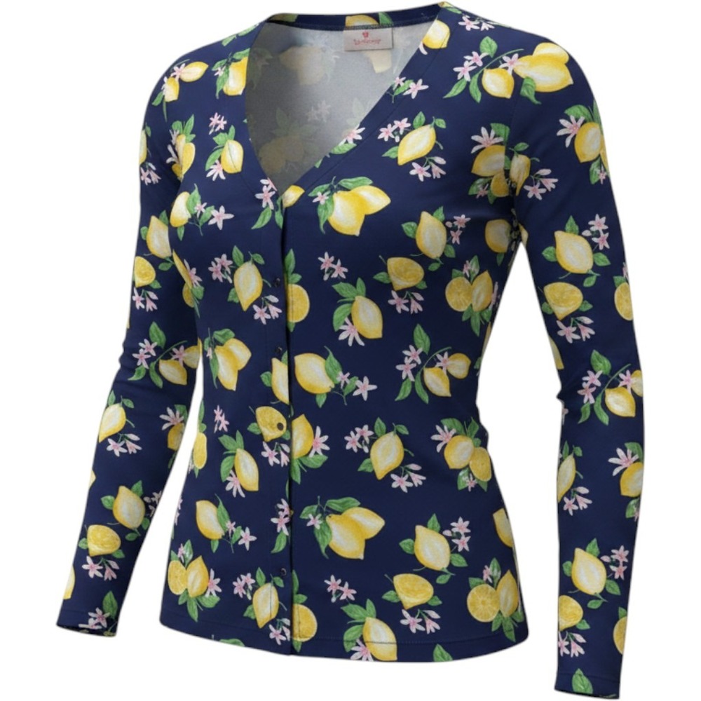 Quacker Factory Navy Blue Lemon Citrus Print Cotton Snap Front Cardigan Small
